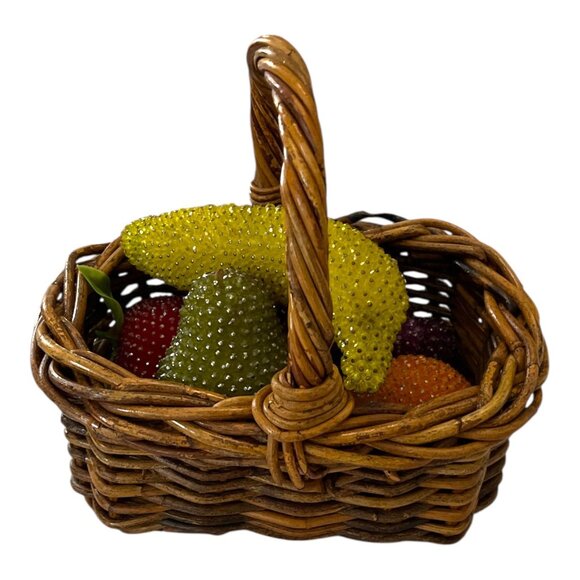 VTG Beaded Faux Fruit Set in Wicker Basket – 6-Piece Decorative Display - Picture 1 of 6